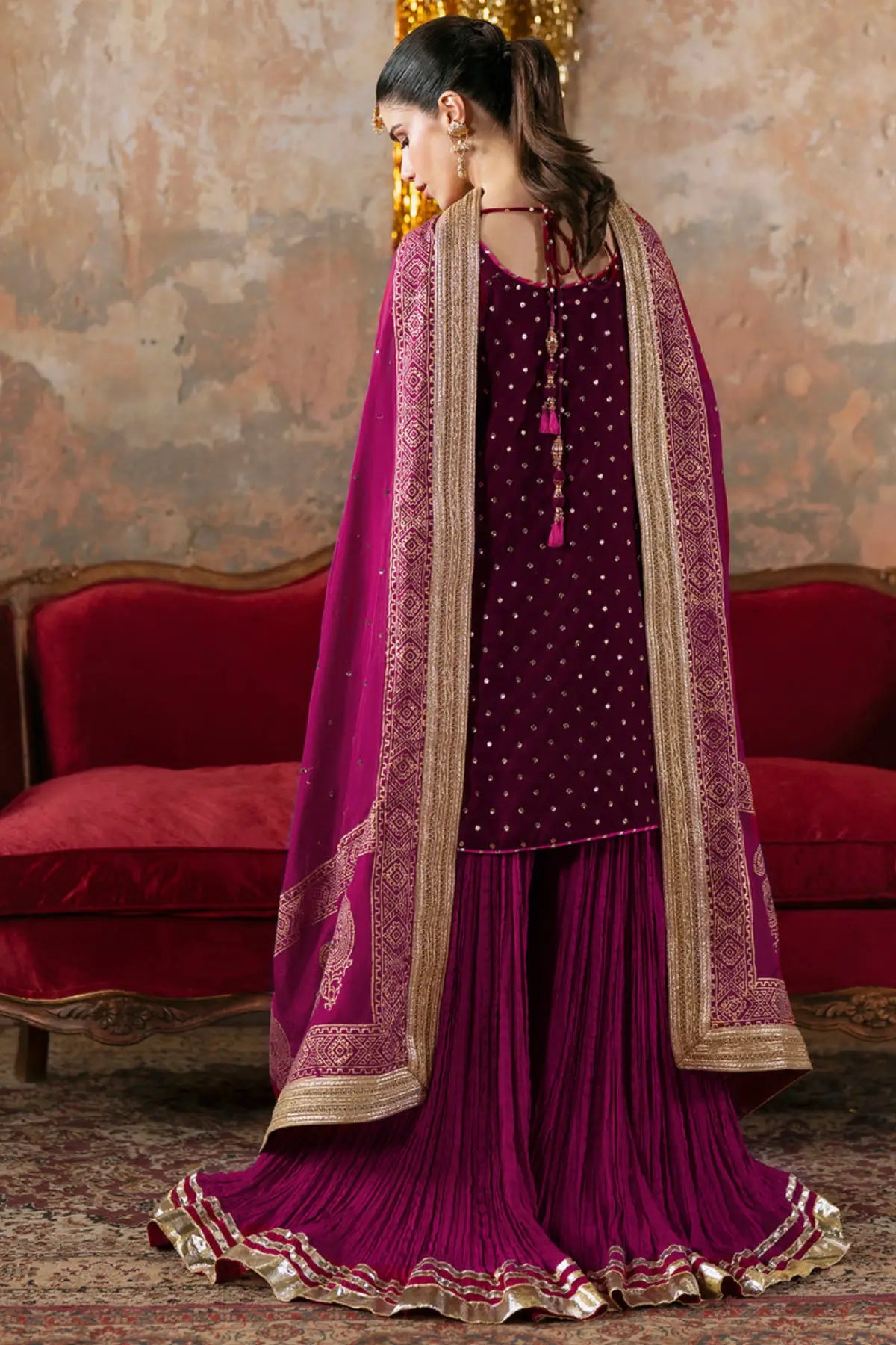 Elvina Maya Pret magenta rose velvet Eid outfit stitched festive wear.