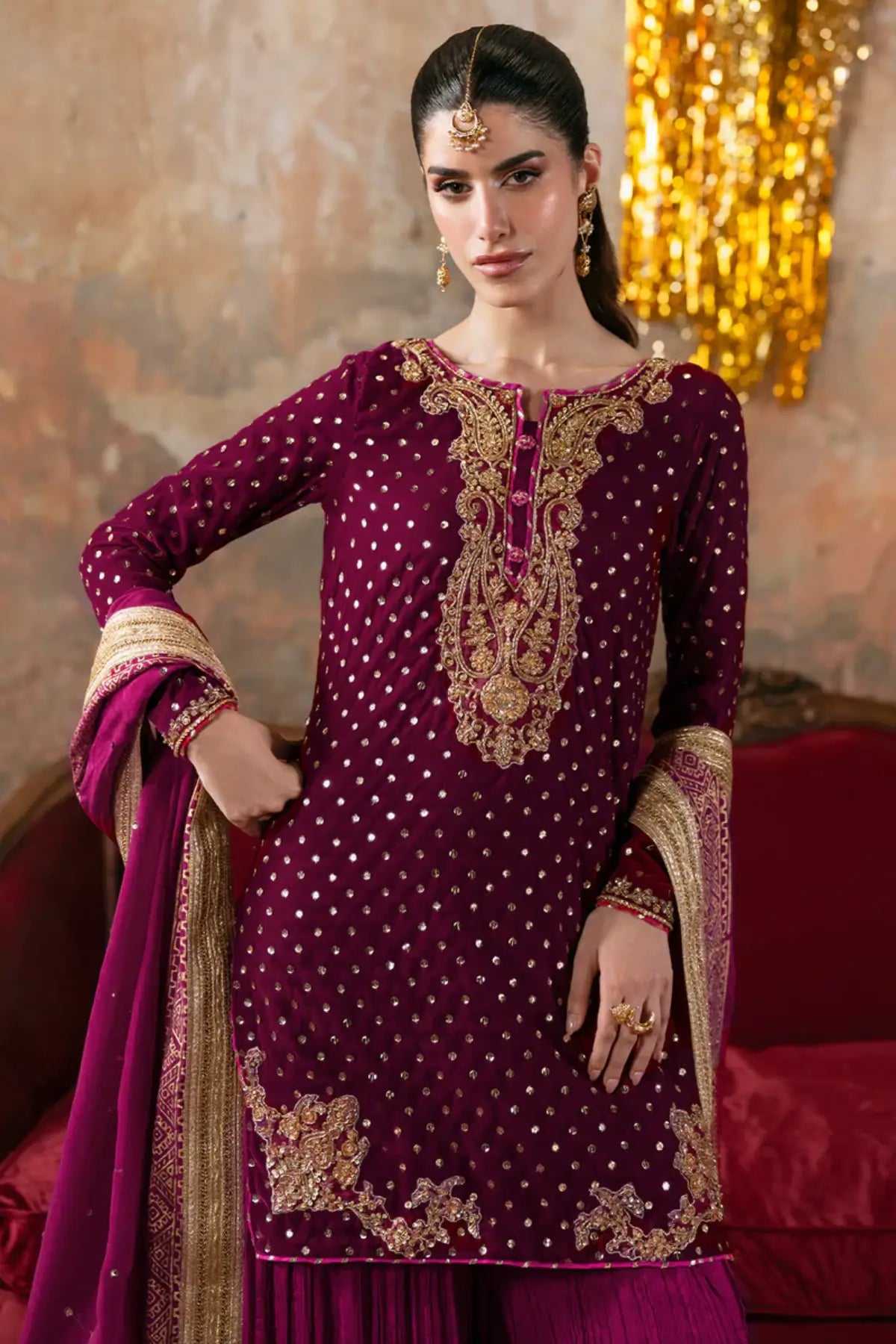 Elvina Maya Pret magenta rose velvet Eid outfit stitched festive wear.