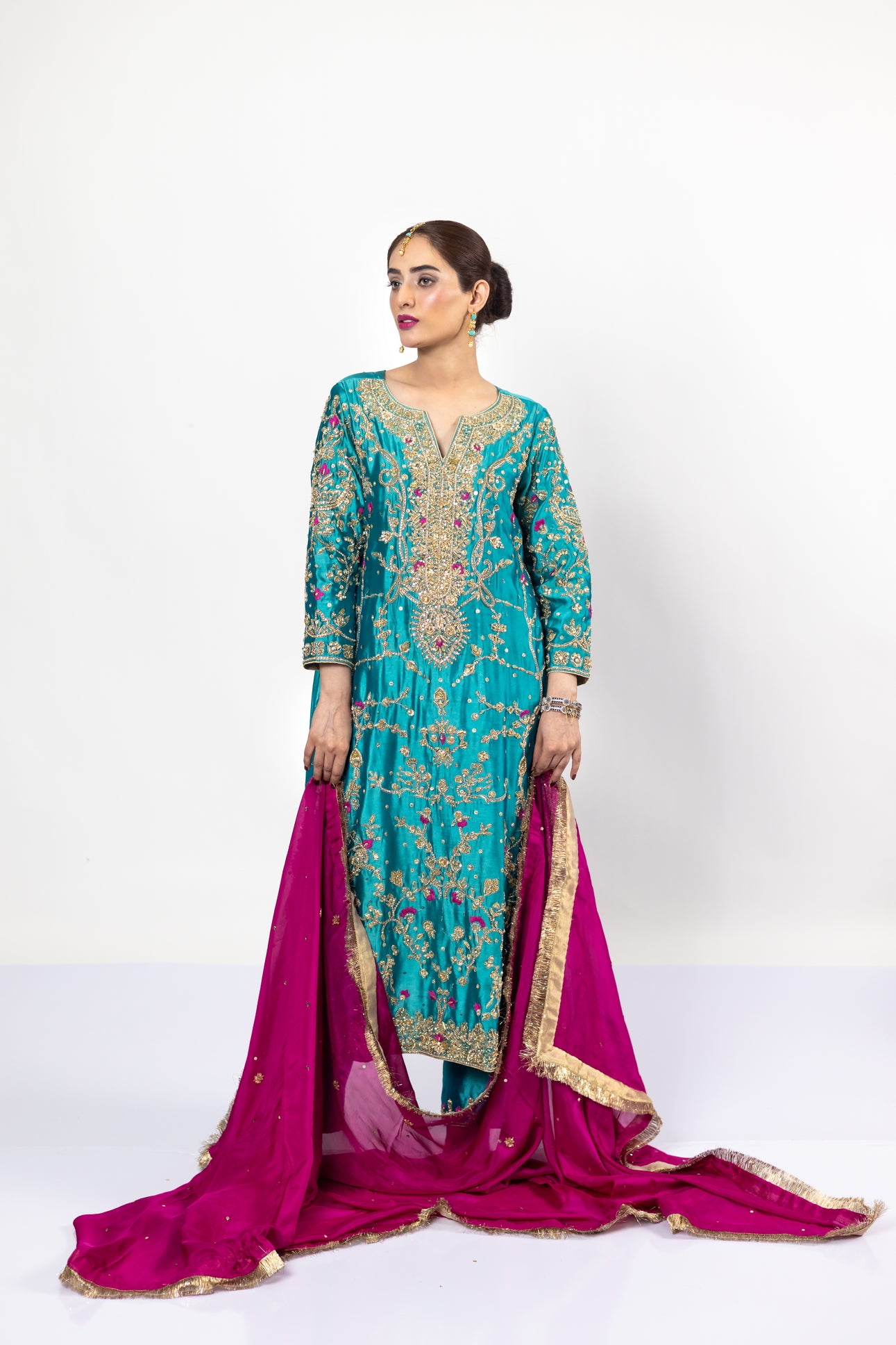 Elvina Teal & Magenta Silk Wedding Outfit by MariamRaj with chiffon dupatta and hand-cutwork, ideal for mehndi, nikah, and reception events.
