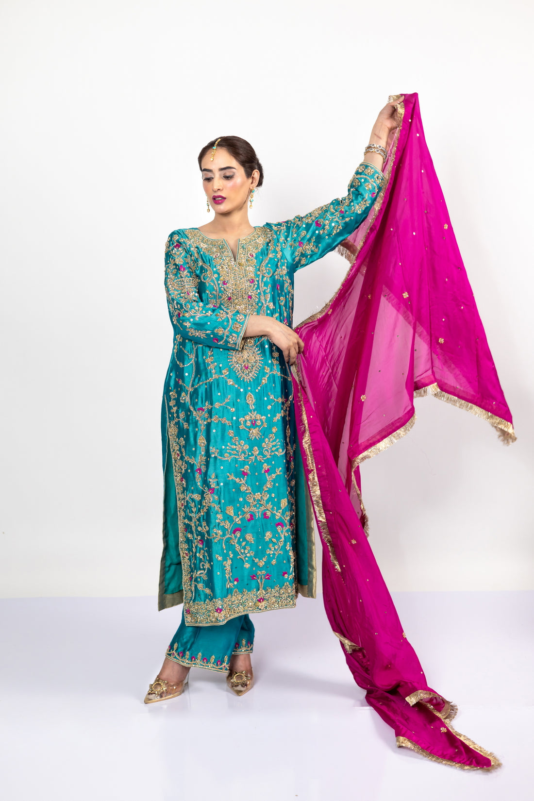 Elvina Teal & Magenta Silk Wedding Outfit by MariamRaj with chiffon dupatta and hand-cutwork, ideal for mehndi, nikah, and reception events.