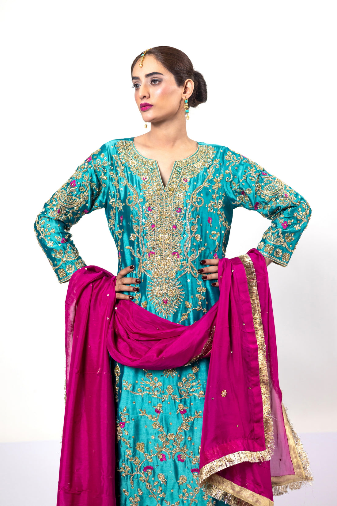 Elvina Teal & Magenta Silk Wedding Outfit by MariamRaj with chiffon dupatta and hand-cutwork, ideal for mehndi, nikah, and reception events.