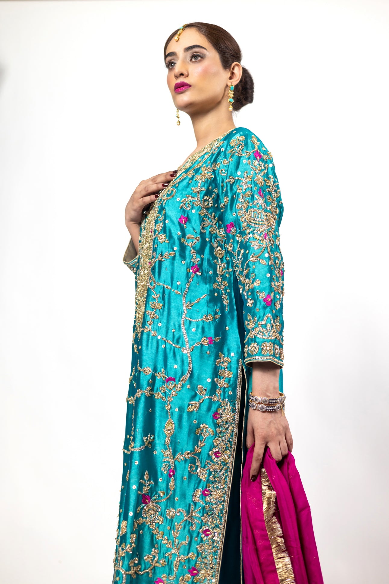 Elvina Teal & Magenta Silk Wedding Outfit by MariamRaj with chiffon dupatta and hand-cutwork, ideal for mehndi, nikah, and reception events.