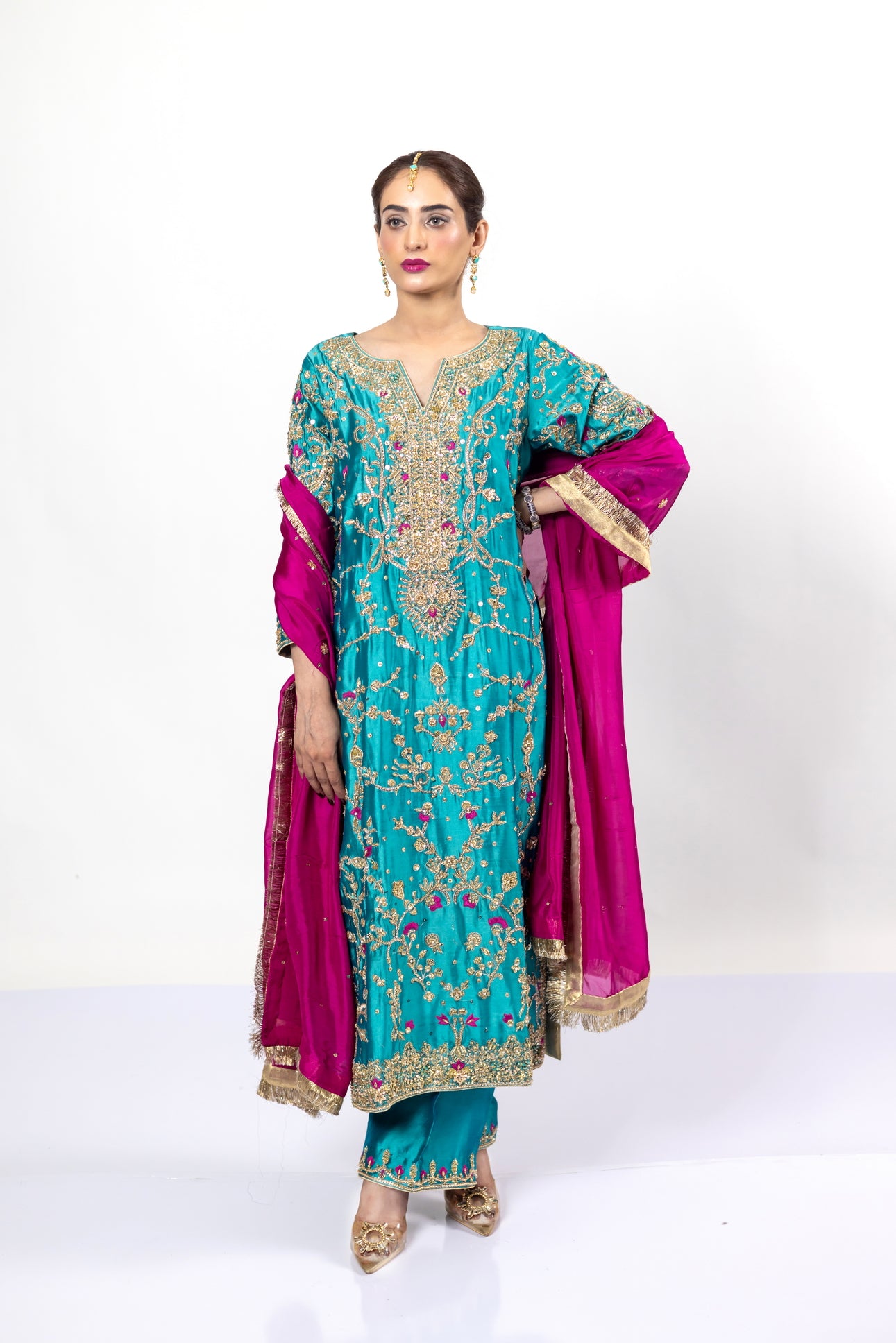 Elvina Teal & Magenta Silk Wedding Outfit by MariamRaj with chiffon dupatta and hand-cutwork, ideal for mehndi, nikah, and reception events.
