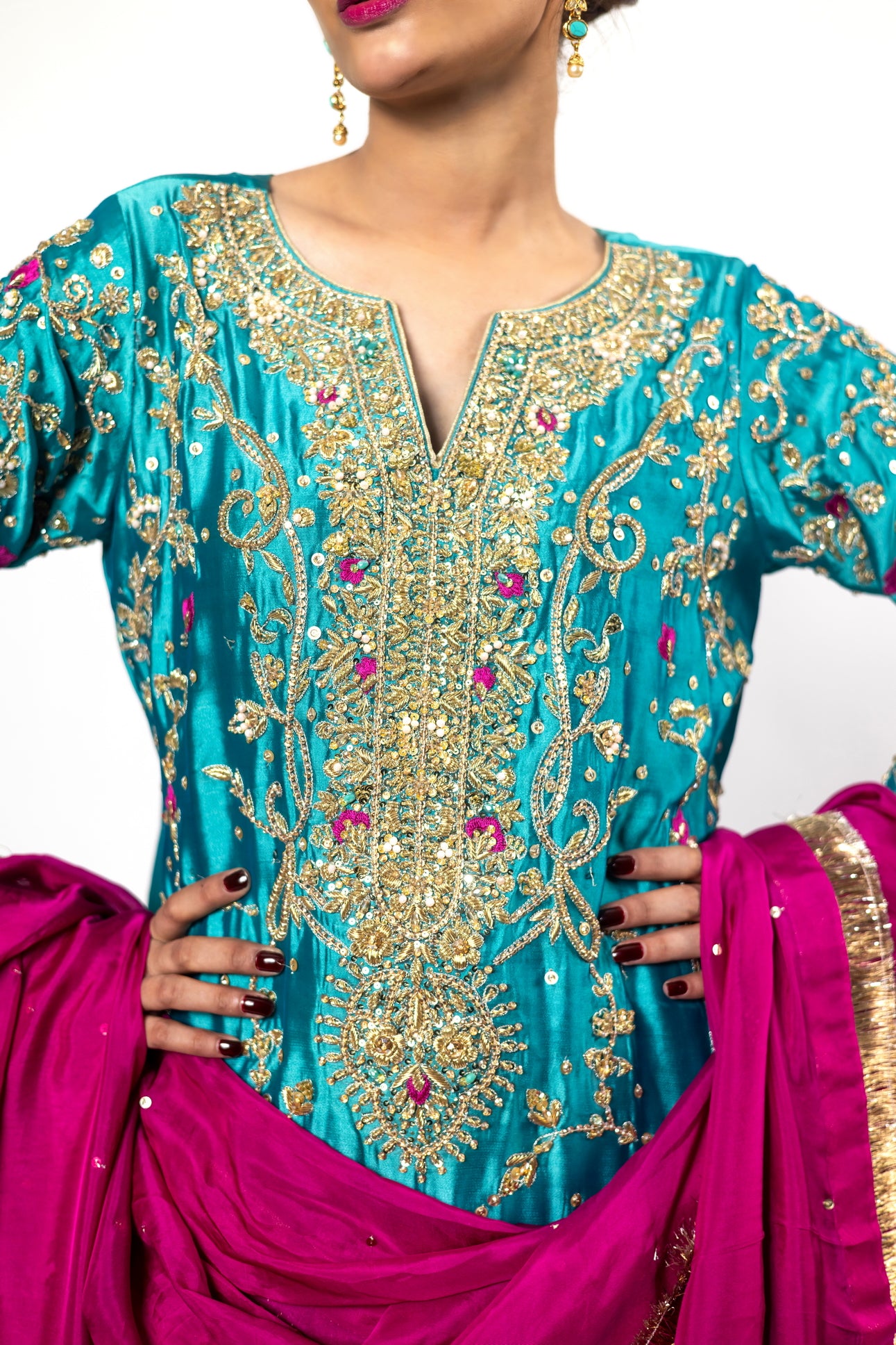 Elvina Teal & Magenta Silk Wedding Outfit by MariamRaj with chiffon dupatta and hand-cutwork, ideal for mehndi, nikah, and reception events.