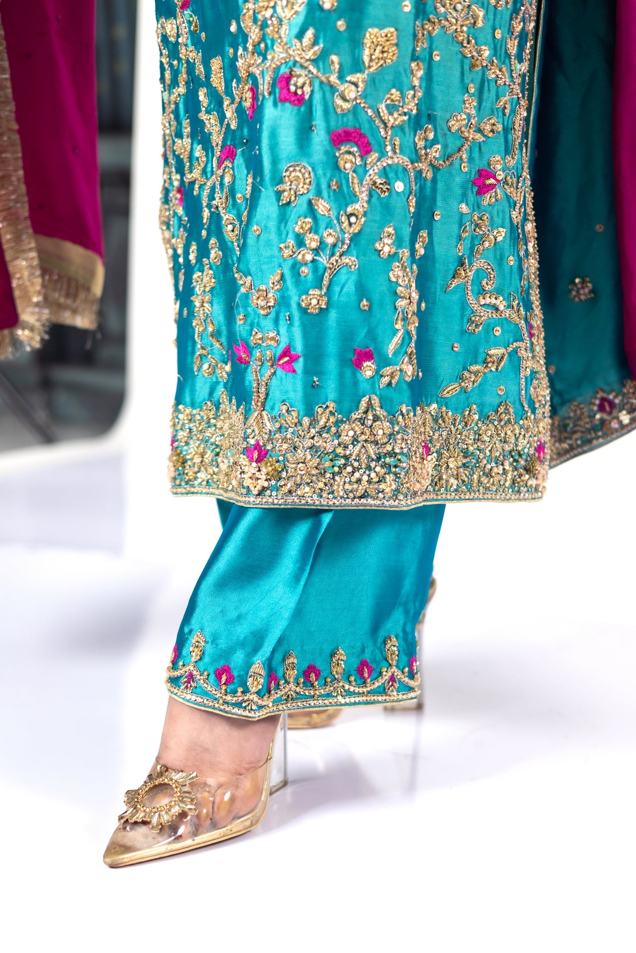 Elvina Teal & Magenta Silk Wedding Outfit by MariamRaj with chiffon dupatta and hand-cutwork, ideal for mehndi, nikah, and reception events.