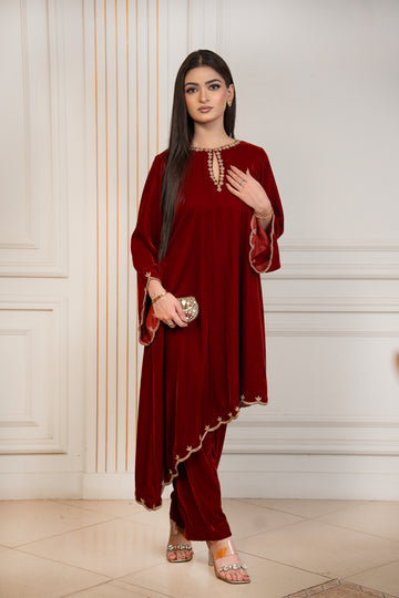 Ember Rose rust pure velvet co-ord with sheer embroidered sleeves and asymmetric hem by MariamRaj