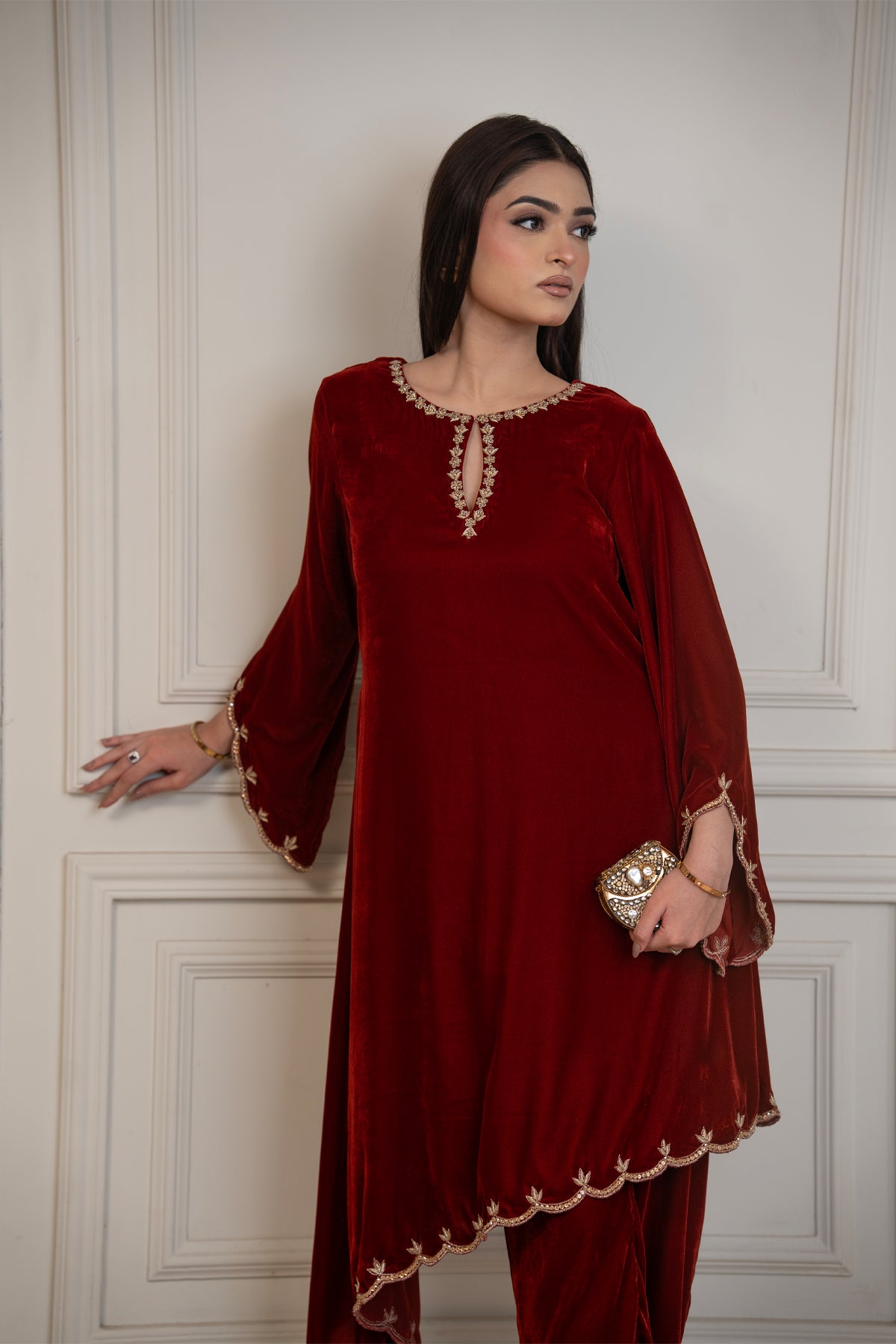 Ember Rose rust pure velvet co-ord with sheer embroidered sleeves and asymmetric hem by MariamRaj