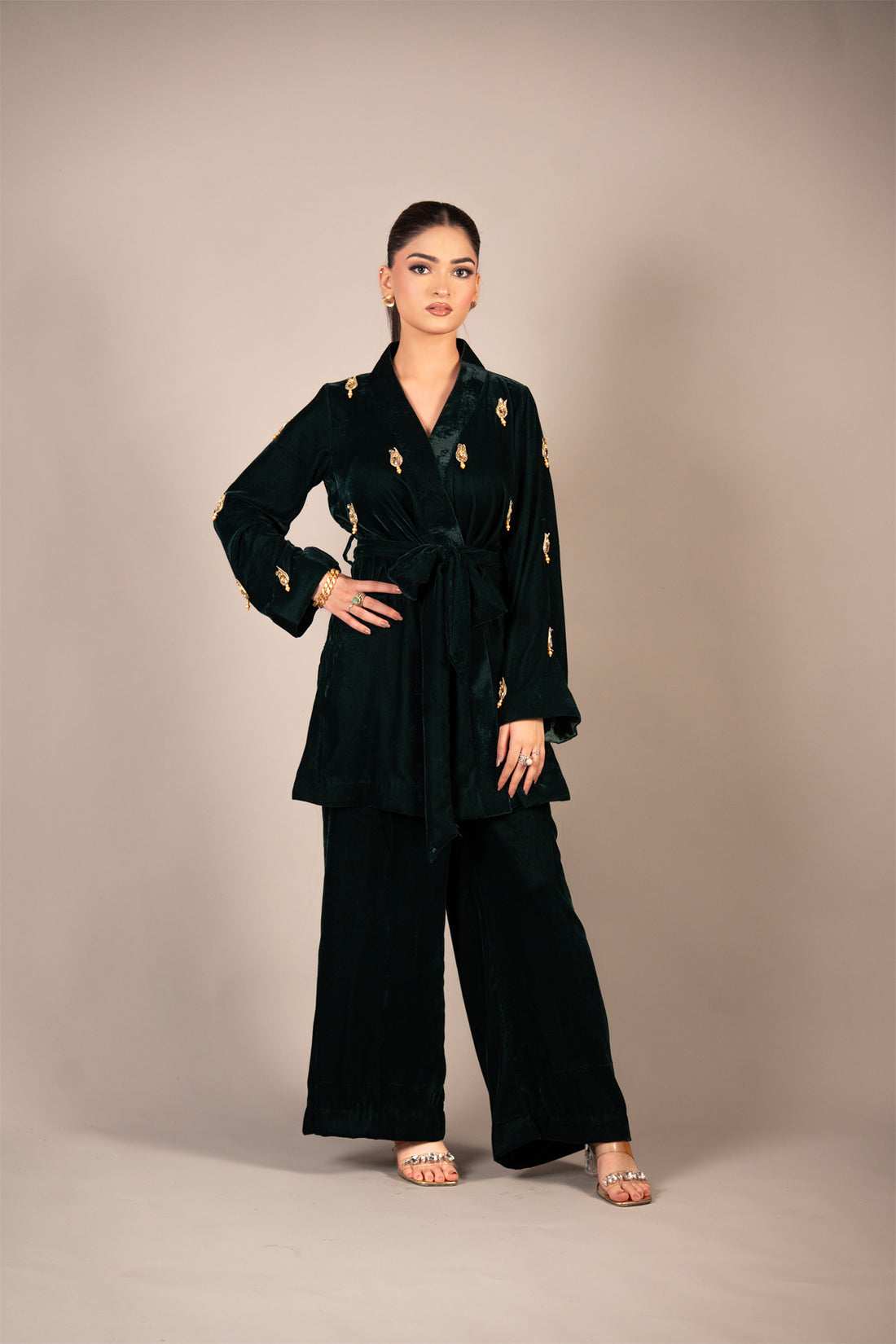 Emerald Affair emerald green embellished pure velvet wrap co-ord set for women by MariamRaj