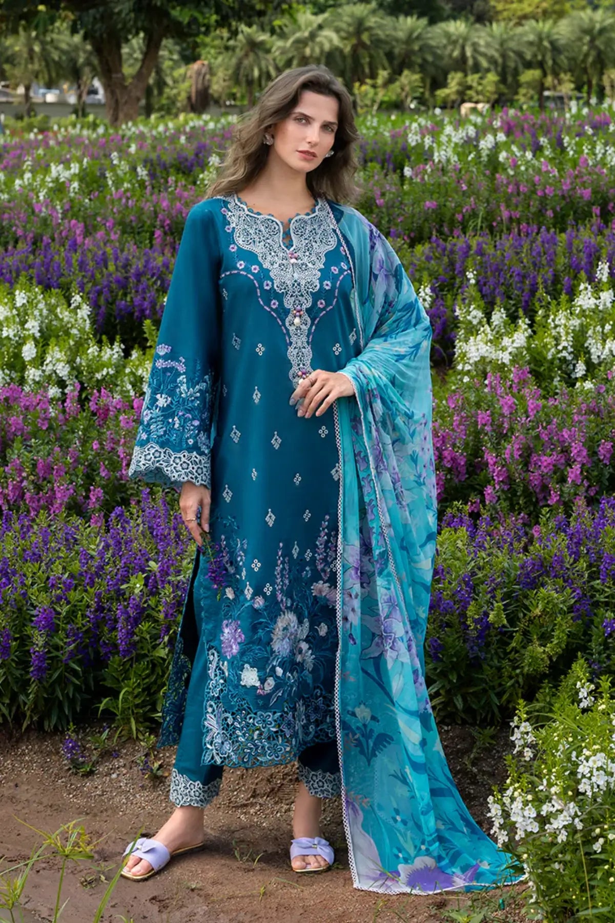 Emerald Fern by Mushq teal chikan lawn suit with organza daman motifs and chiffon dupatta
