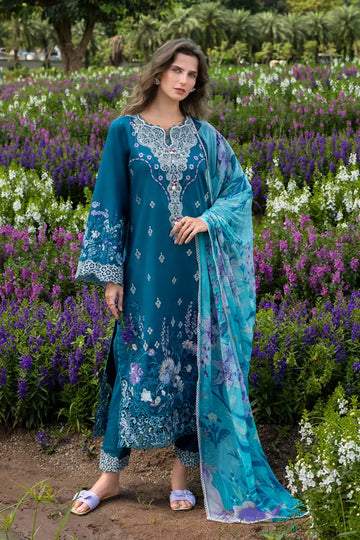 Emerald Fern by Mushq teal chikan lawn suit with organza daman motifs and chiffon dupatta
