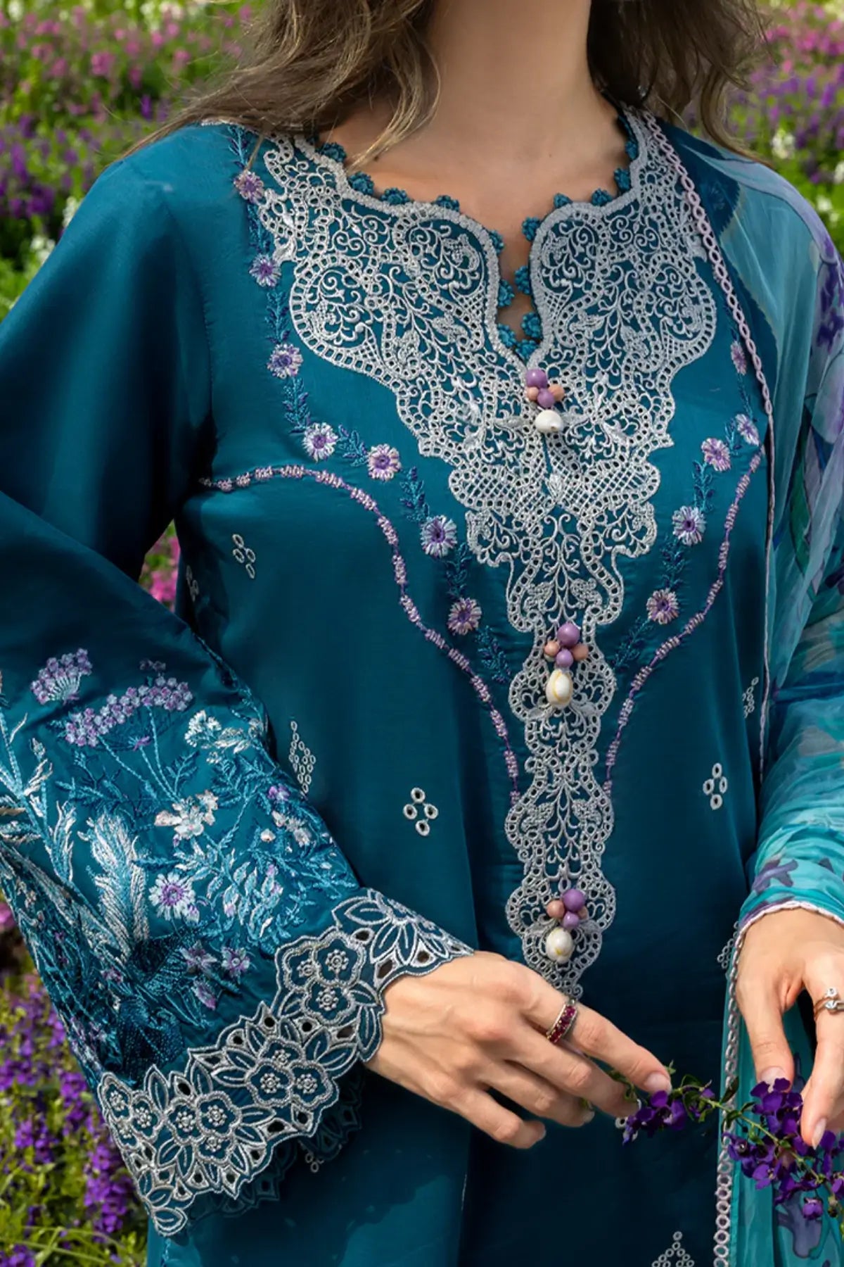 Emerald Fern by Mushq teal chikan lawn suit with organza daman motifs and chiffon dupatta
