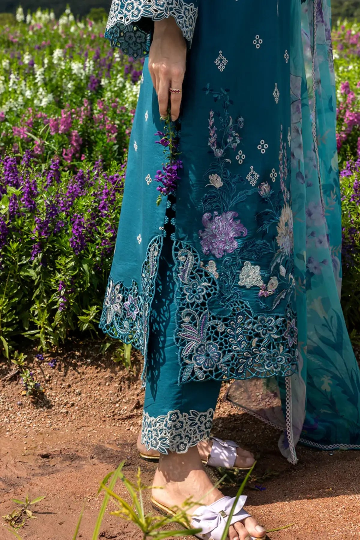 Emerald Fern by Mushq teal chikan lawn suit with organza daman motifs and chiffon dupatta
