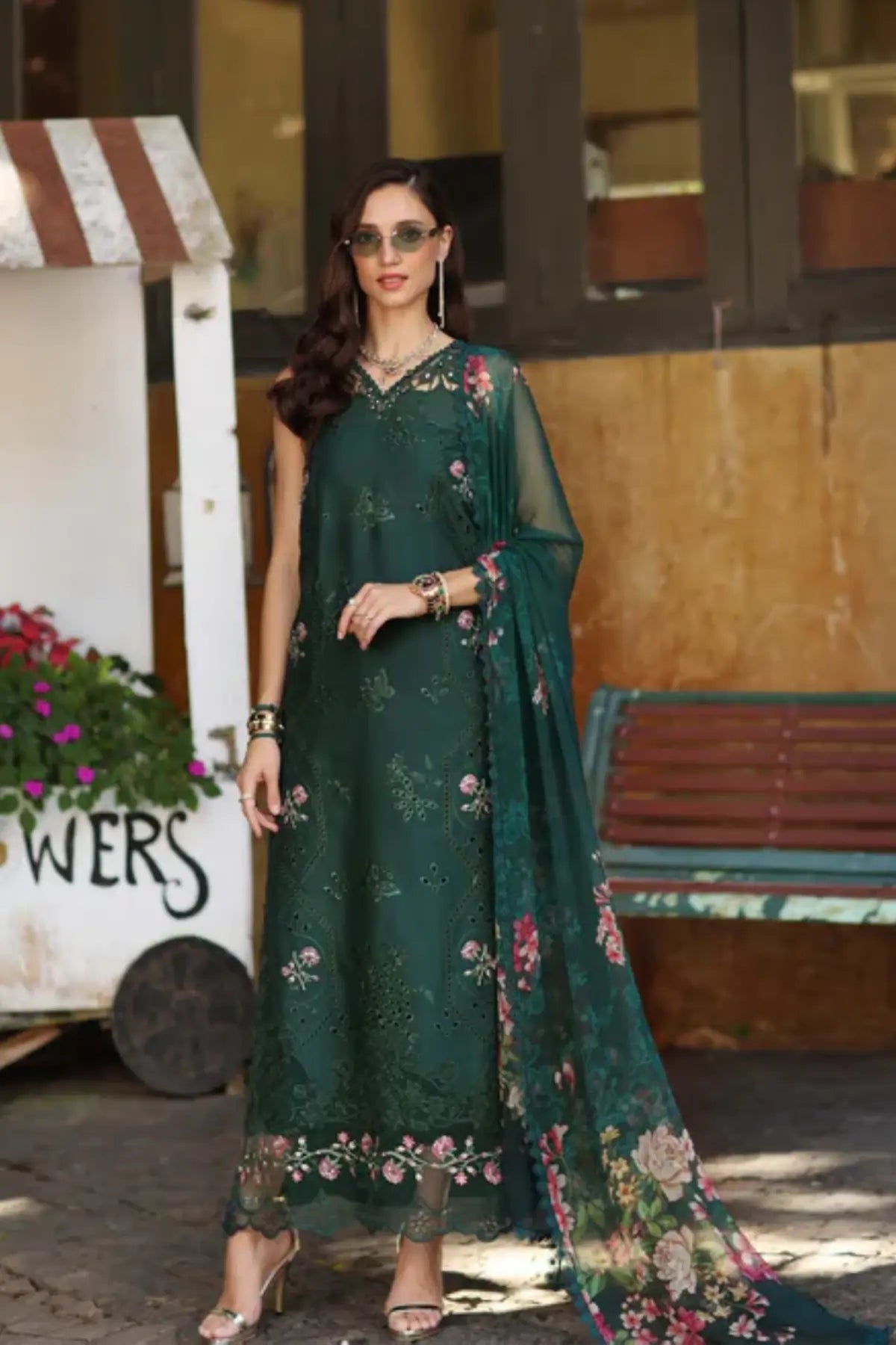 Emerald Jewel D11 by Saadia Asad emerald green stitched lawn suit with Schiffli embroidery and chiffon dupatta