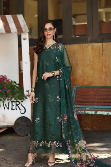 Emerald Jewel D11 by Saadia Asad emerald green stitched lawn suit with Schiffli embroidery and chiffon dupatta