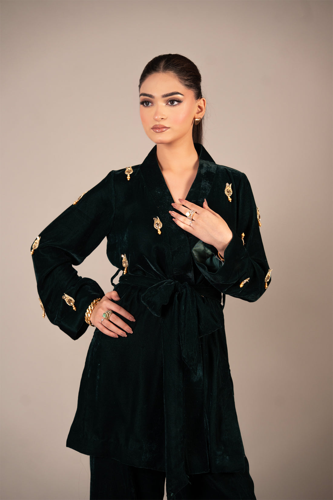 Emerald Affair emerald green embellished pure velvet wrap co-ord set for women by MariamRaj