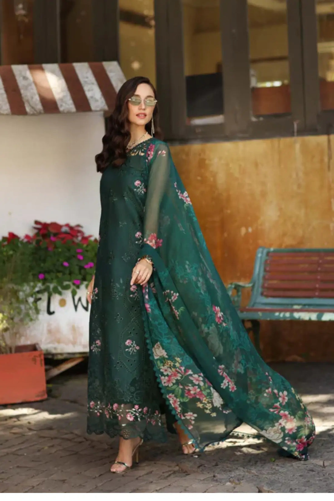Emerald Jewel D11 by Saadia Asad emerald green stitched lawn suit with Schiffli embroidery and chiffon dupatta