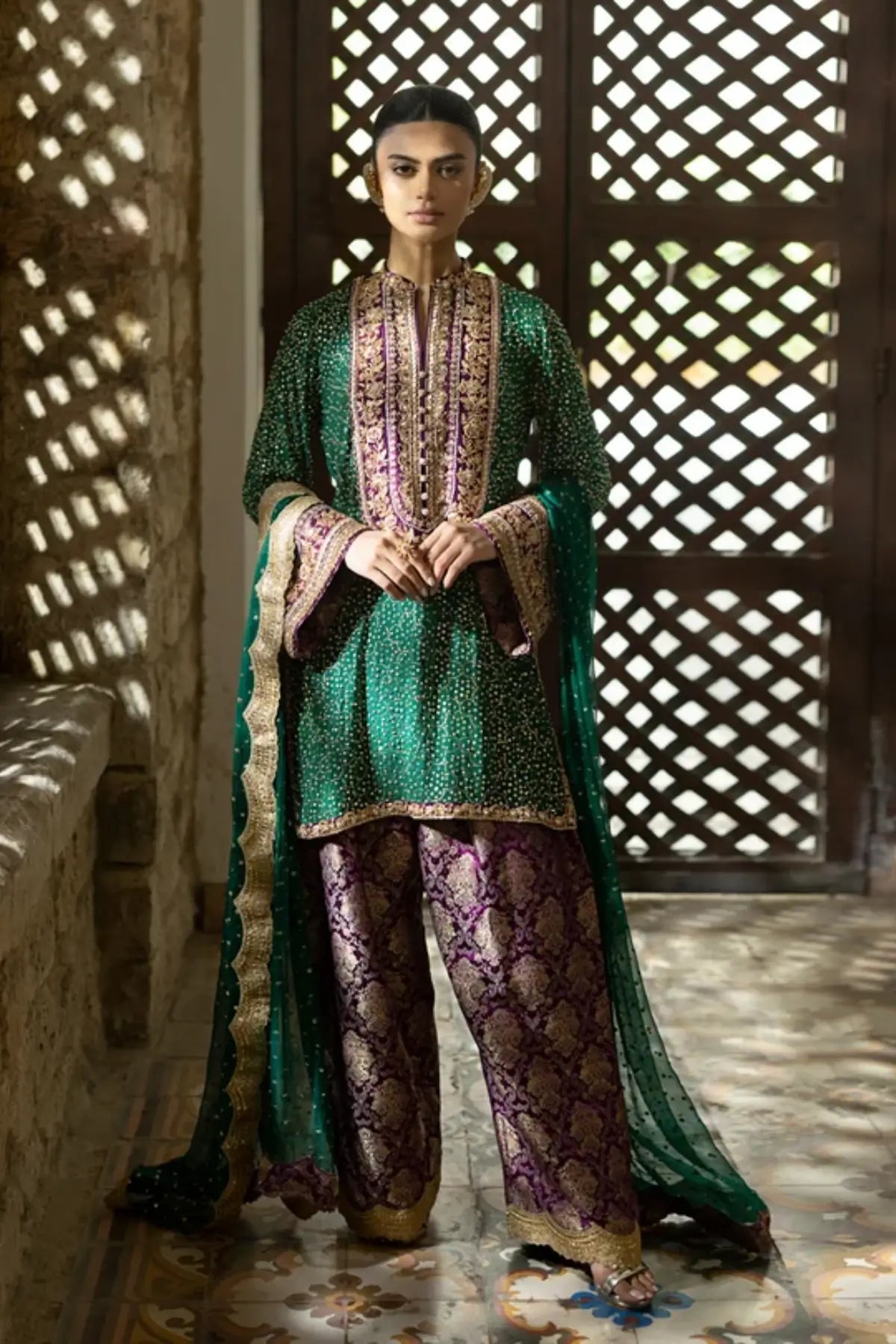 Emeralde emerald green Mukesh stitched Eid formal dress with Zardozi embroidery, Jamawar shalwar and chiffon dupatta