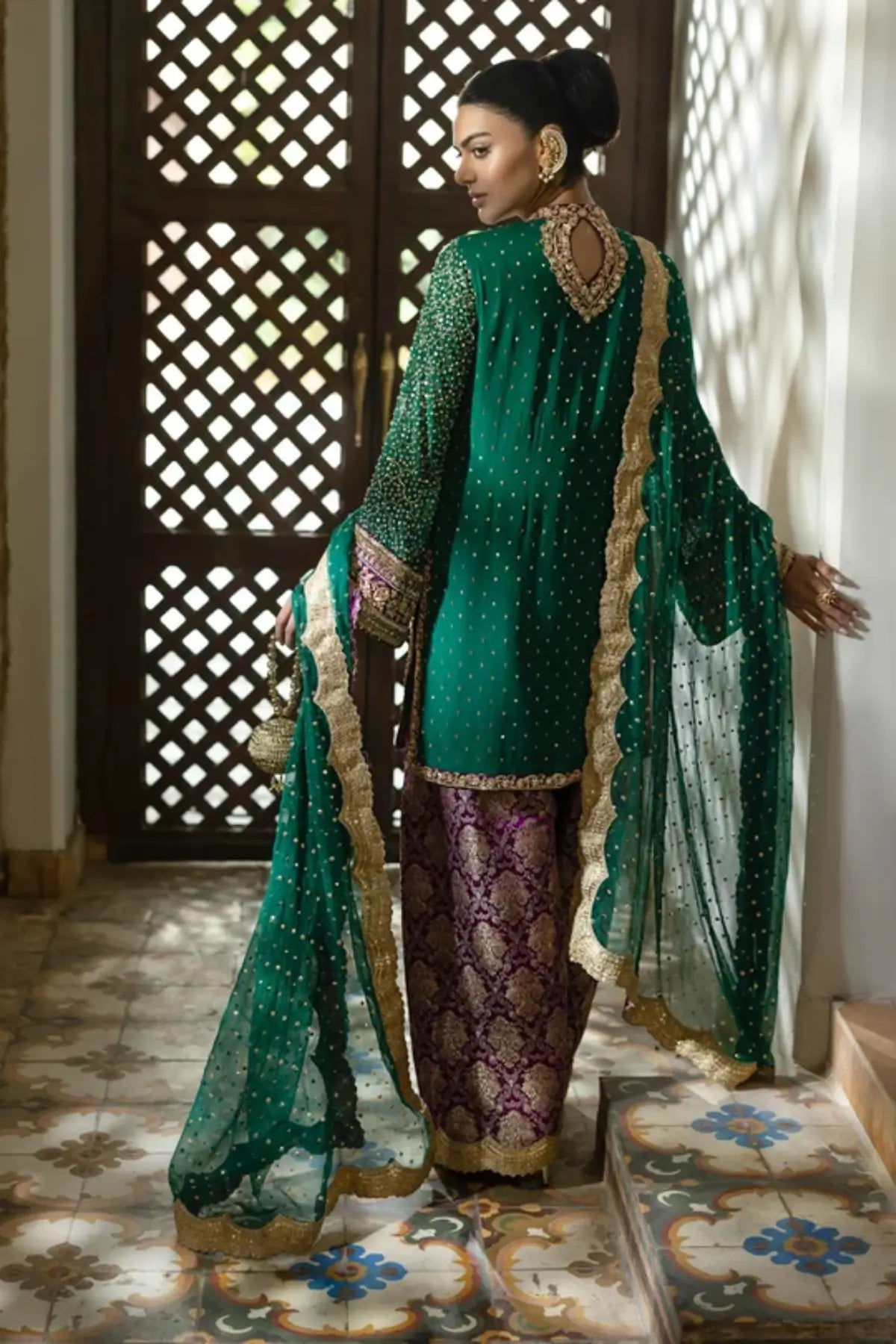 Emeralde emerald green Mukesh stitched Eid formal dress with Zardozi embroidery, Jamawar shalwar and chiffon dupatta