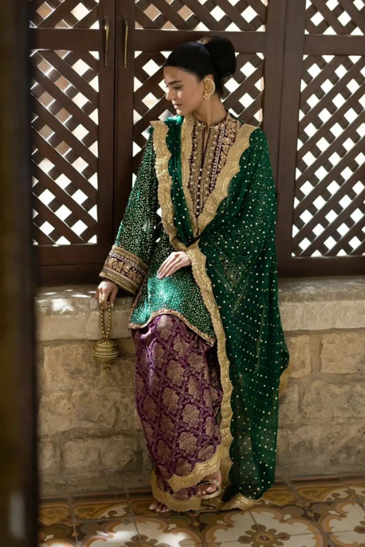 Emeralde emerald green Mukesh stitched Eid formal dress with Zardozi embroidery, Jamawar shalwar and chiffon dupatta