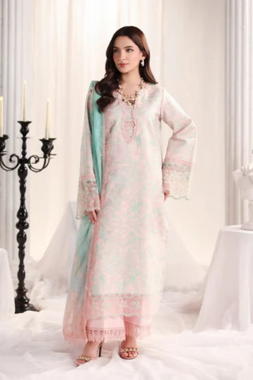 Emilia Rang Rasiya Powder Pink lawn suit with embroidered front, organza borders, printed textured dupatta and cotton trousers