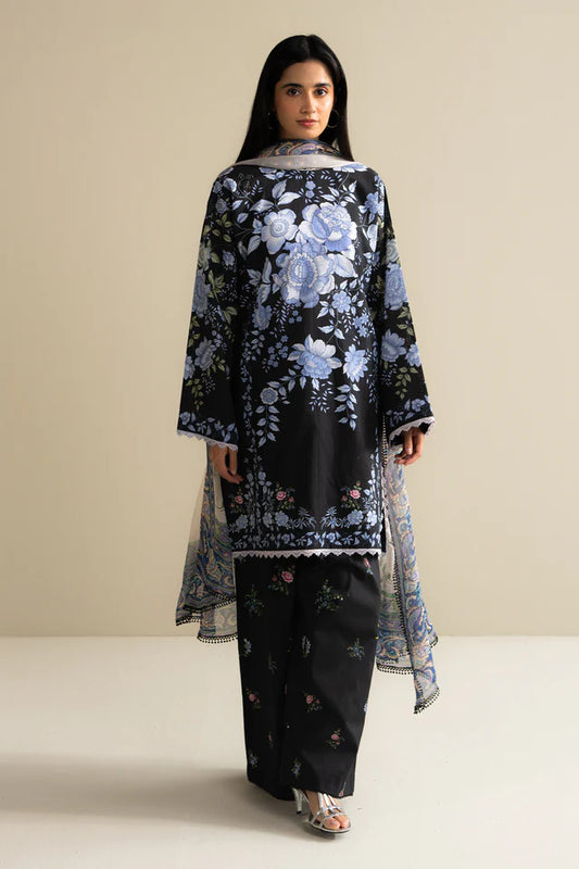 Emin-10B black and blue floral lawn suit with chiffon dupatta