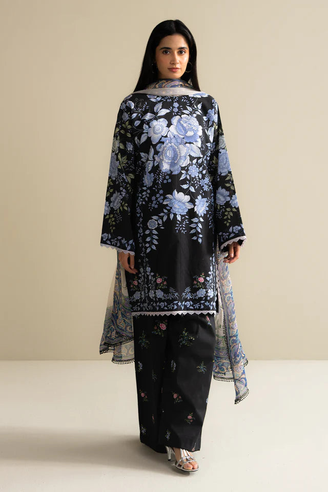 Emin-10B black and blue floral lawn suit with chiffon dupatta