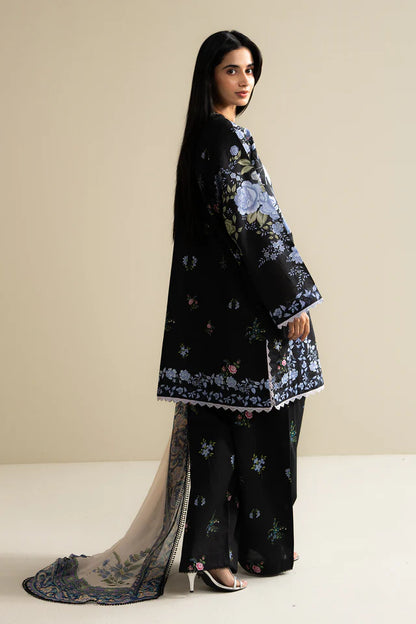 Emin-10B black and blue floral lawn suit with chiffon dupatta