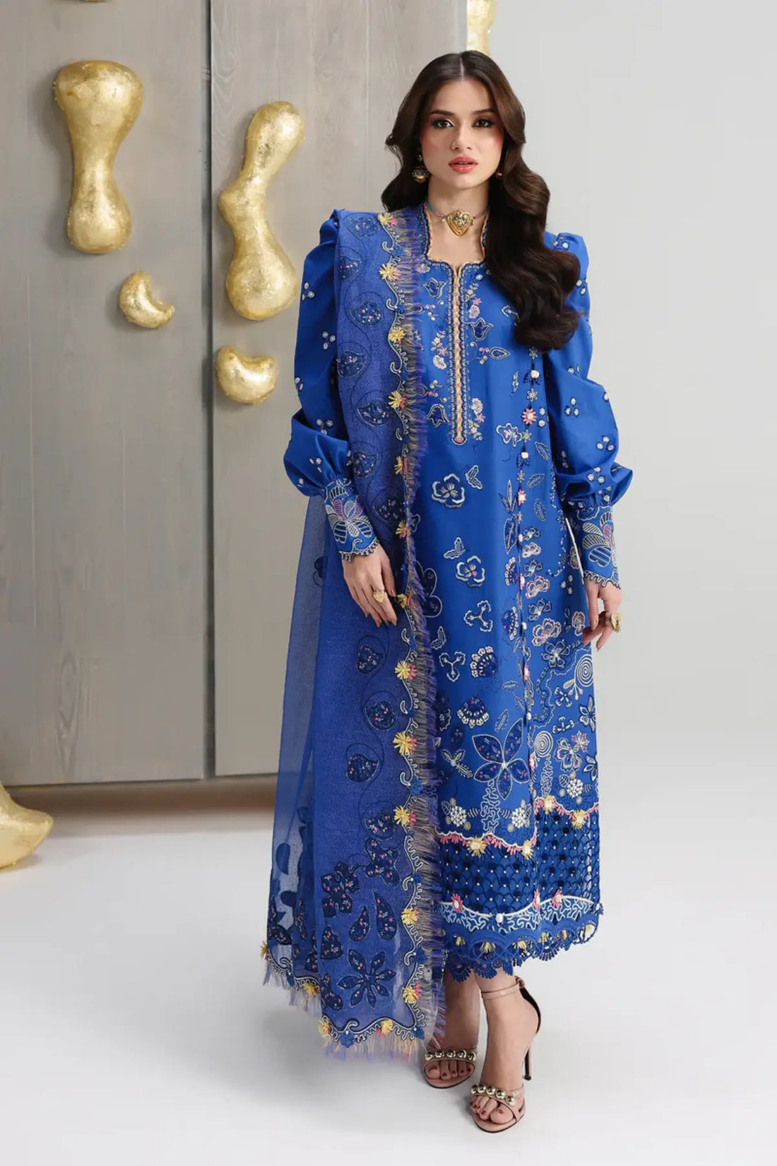 Emina QFL-06 blue stitched laser cut embroidered suit with cotton net dupatta by Qalamkar Festive Lawn 2026