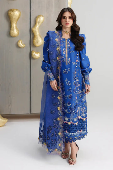 Emina QFL-06 blue stitched laser cut embroidered suit with cotton net dupatta by Qalamkar Festive Lawn 2026
