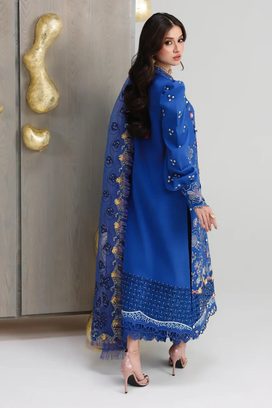 Emina QFL-06 blue stitched laser cut embroidered suit with cotton net dupatta by Qalamkar Festive Lawn 2026