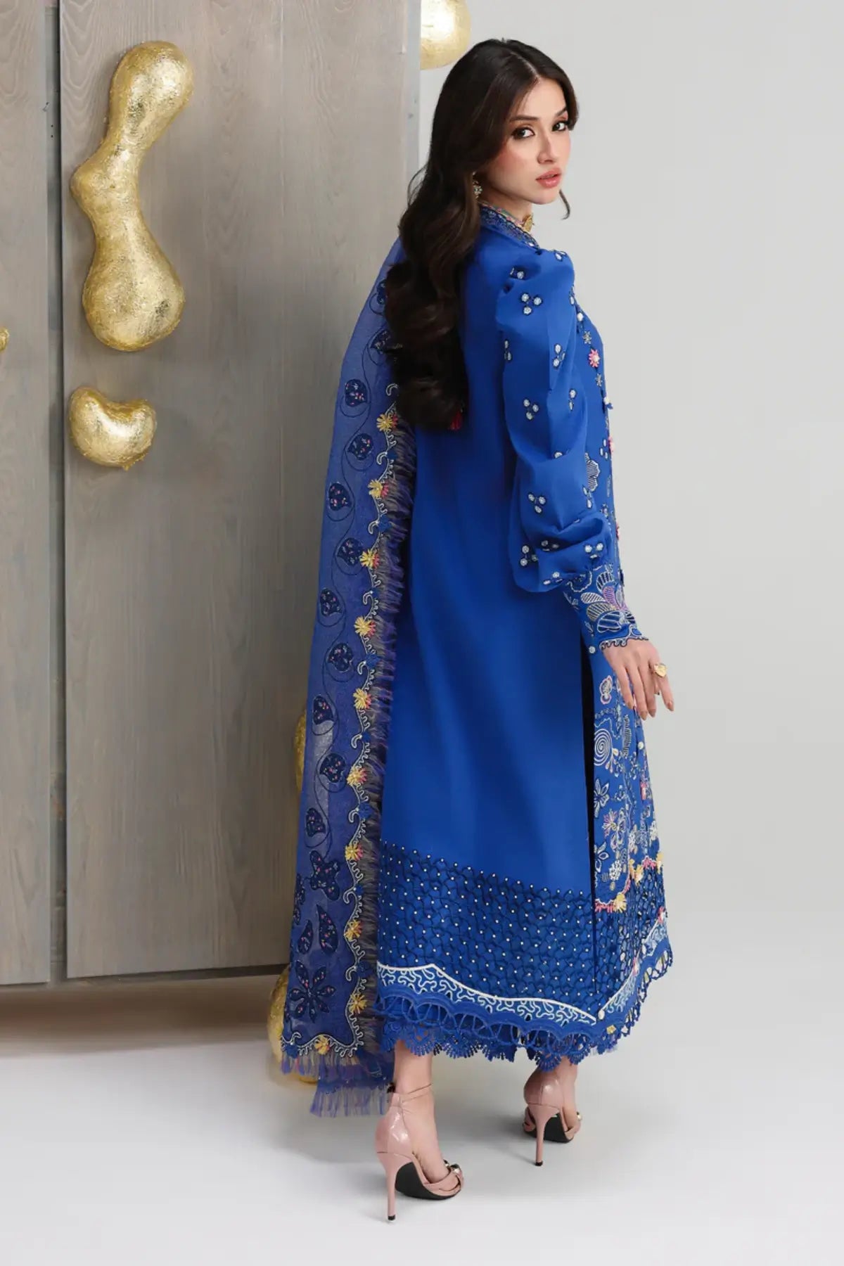 Emina QFL-06 blue stitched laser cut embroidered suit with cotton net dupatta by Qalamkar Festive Lawn 2026