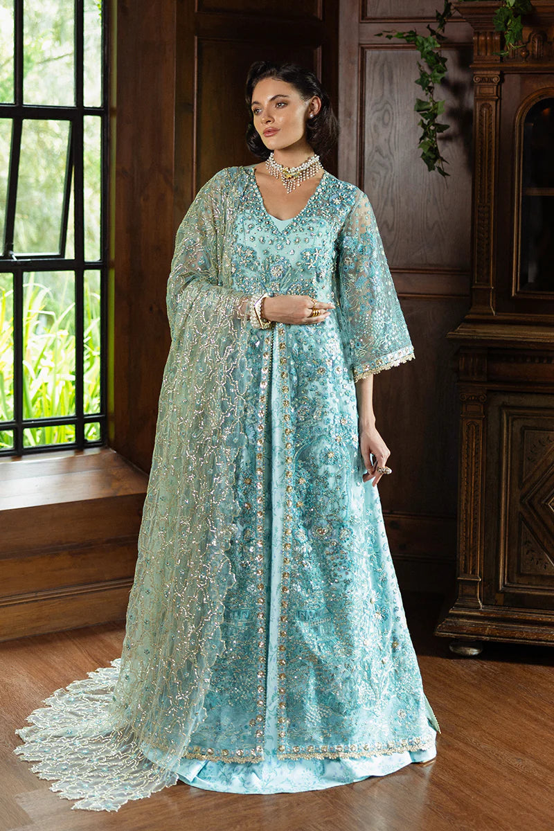 Mushq Endless Love aqua blue stitched sequined wedding wear outfit – shop online at Pakistanimoda.com.