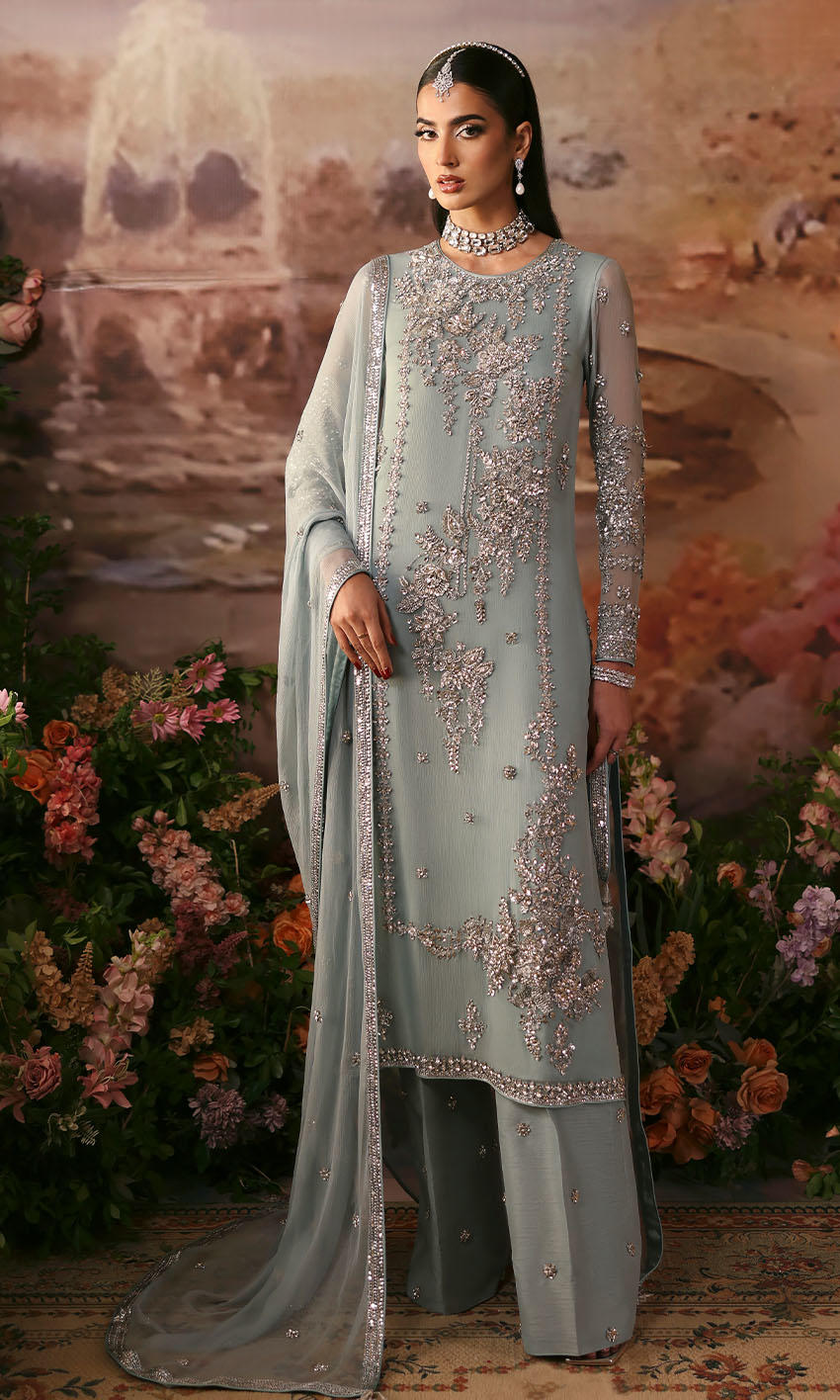 Powder blue chiffon formal dress with silver handwork and sequined dupatta – Endless Sky by Pakistanimoda