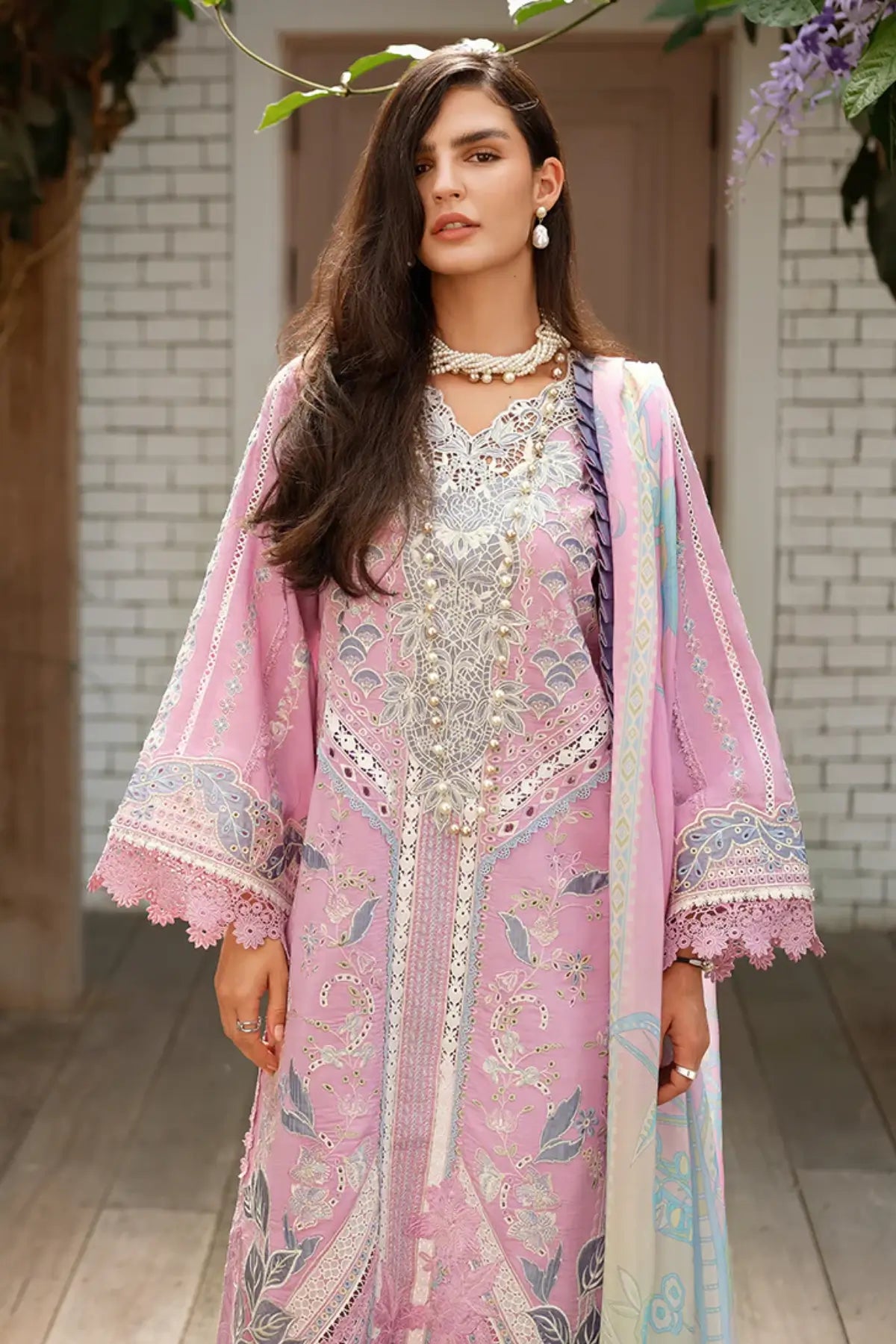 Mushq Endless Love pink stitched lawn 3PC with cotton trouser and printed chiffon dupatta