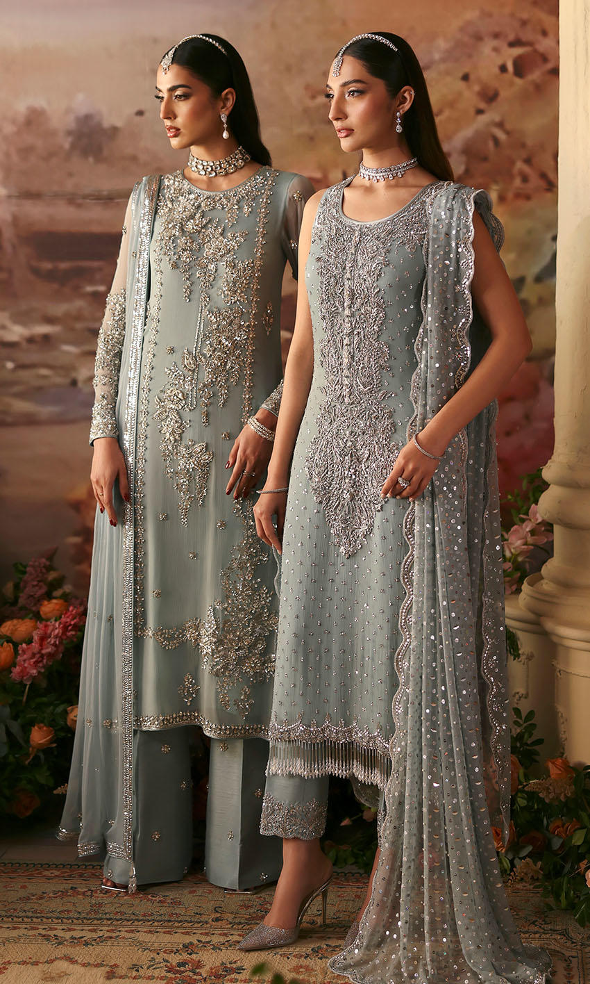 Powder blue chiffon formal dress with silver handwork and sequined dupatta – Endless Sky by Pakistanimoda