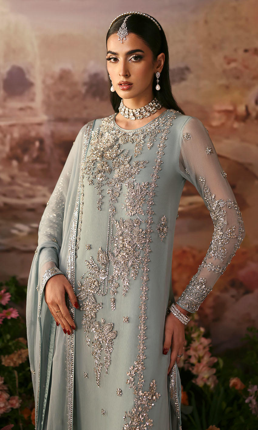 Powder blue chiffon formal dress with silver handwork and sequined dupatta – Endless Sky by Pakistanimoda