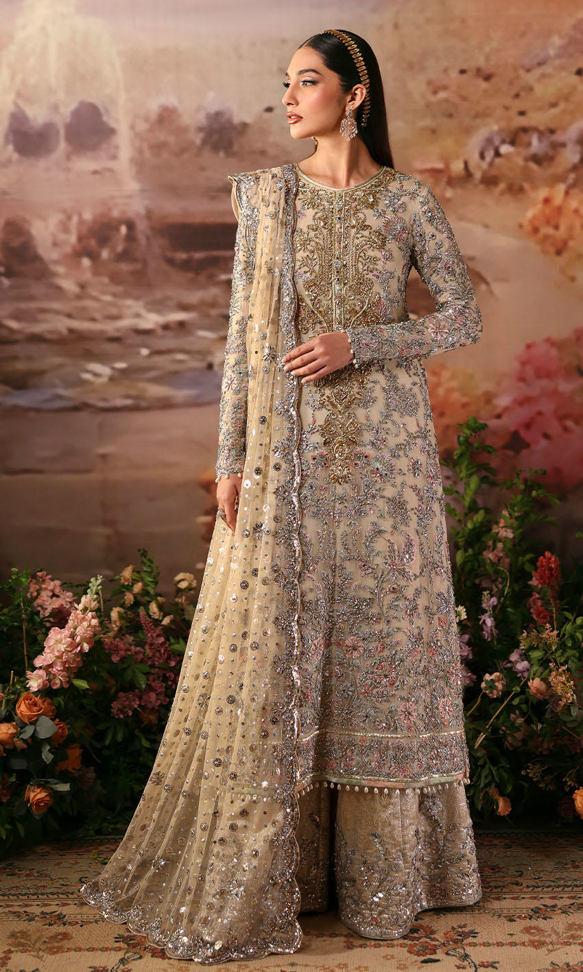 Ivory chiffon Pakistani outfit with silver gold handwork, jamawar dhaka, and scalloped net dupatta – English Ivy by Pakistanimoda