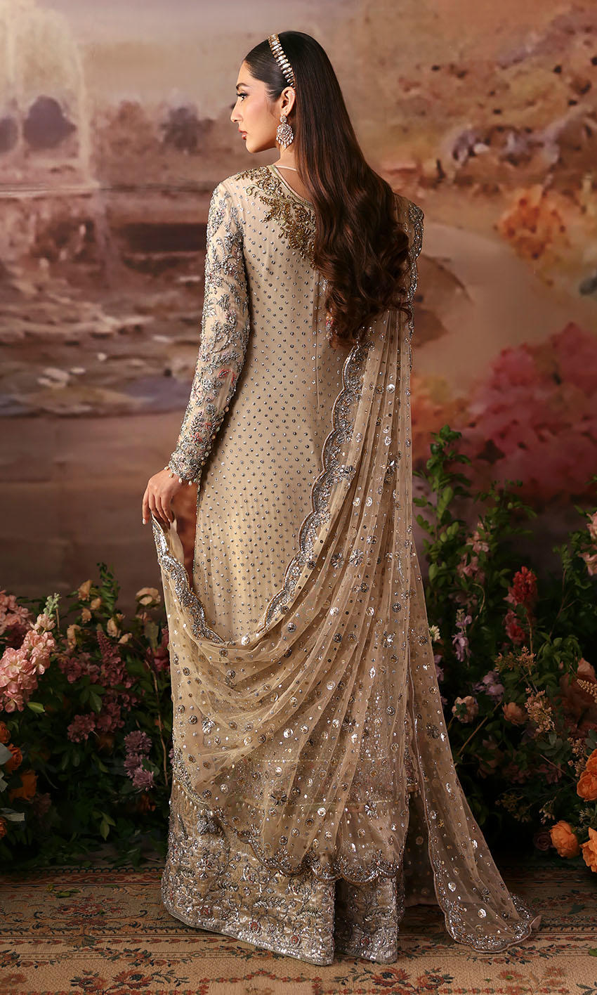 Ivory chiffon Pakistani outfit with silver gold handwork, jamawar dhaka, and scalloped net dupatta – English Ivy by Pakistanimoda