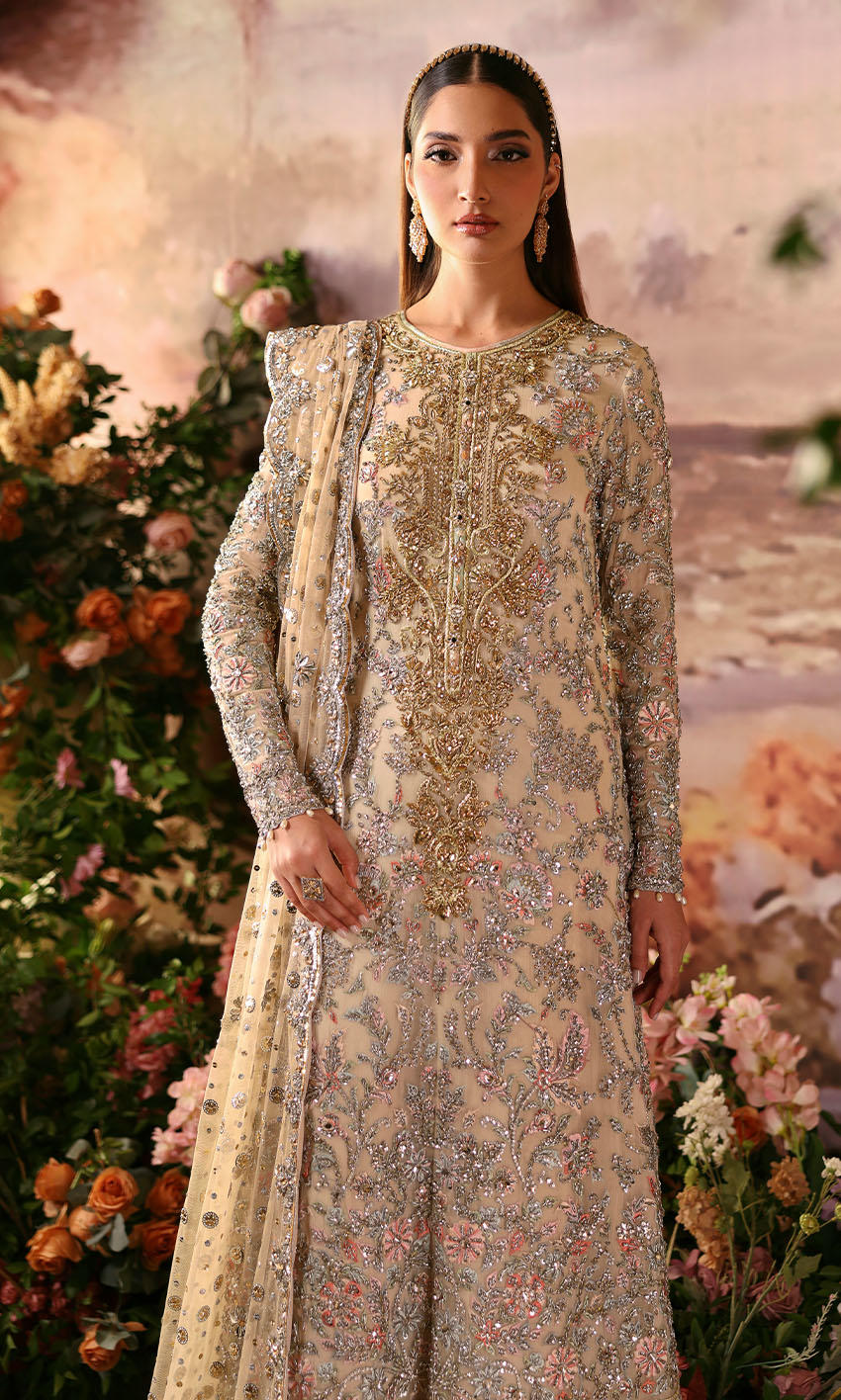 Ivory chiffon Pakistani outfit with silver gold handwork, jamawar dhaka, and scalloped net dupatta – English Ivy by Pakistanimoda