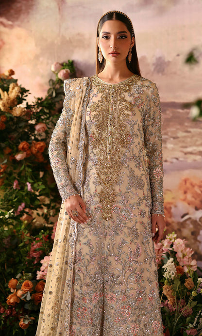 Ivory chiffon Pakistani outfit with silver gold handwork, jamawar dhaka, and scalloped net dupatta – English Ivy by Pakistanimoda