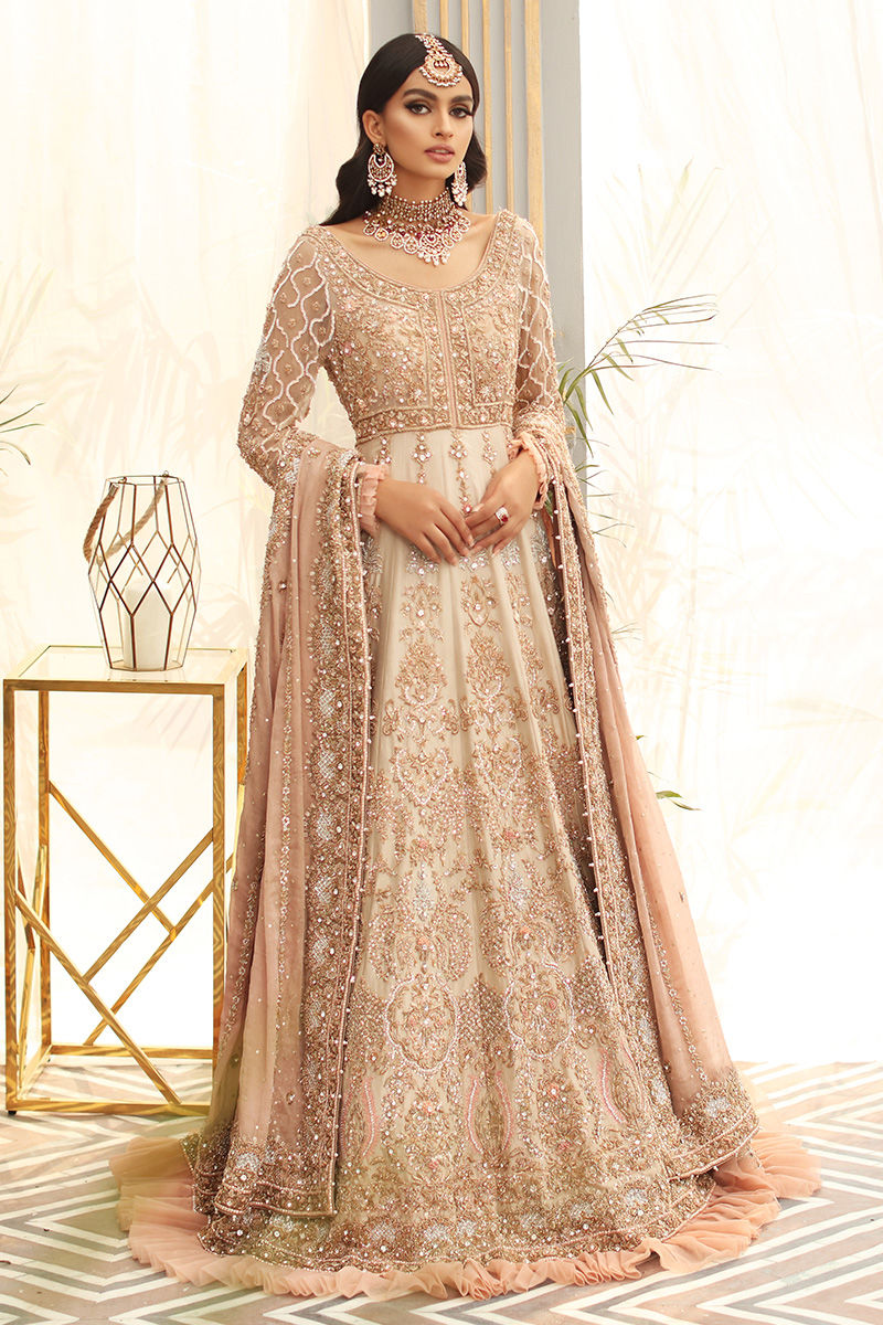 Enora-Designer Raw Silk Bridal Gown with Peach Stonework Dupatta