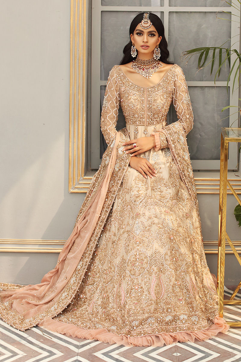 Enora-Designer Raw Silk Bridal Gown with Peach Stonework Dupatta