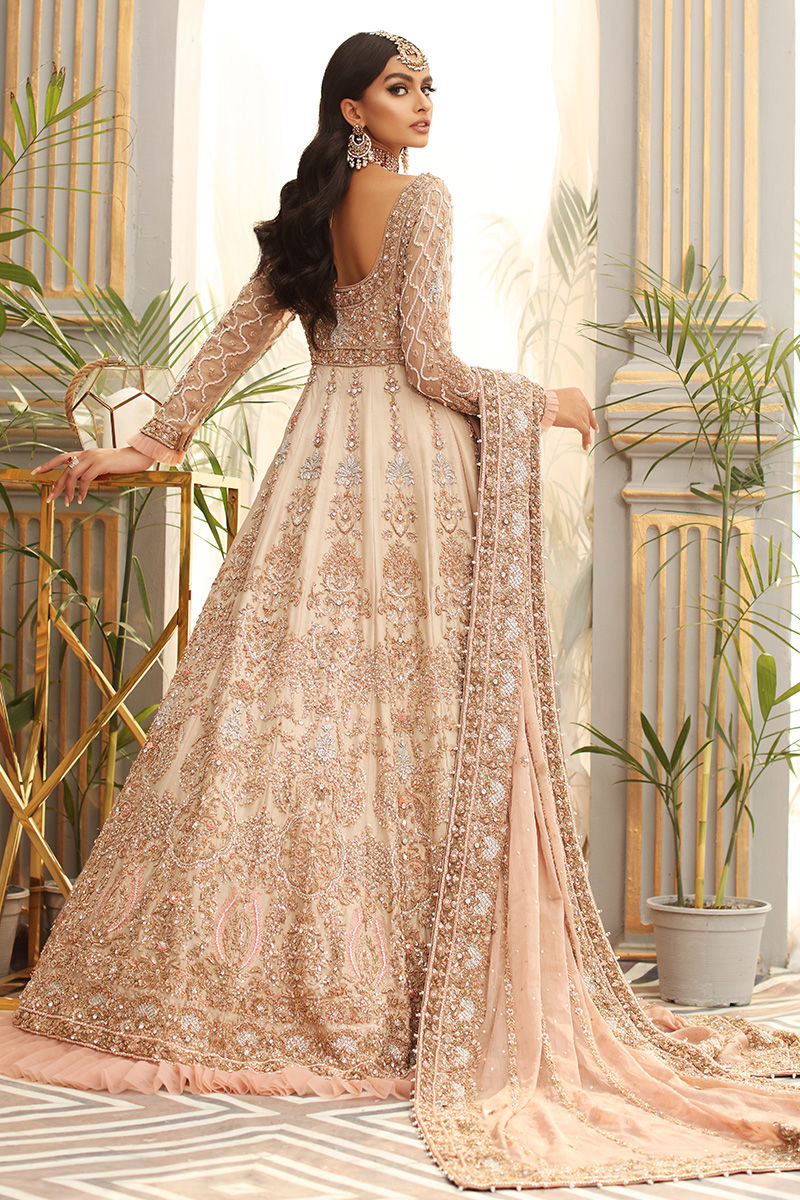 Enora-Designer Raw Silk Bridal Gown with Peach Stonework Dupatta