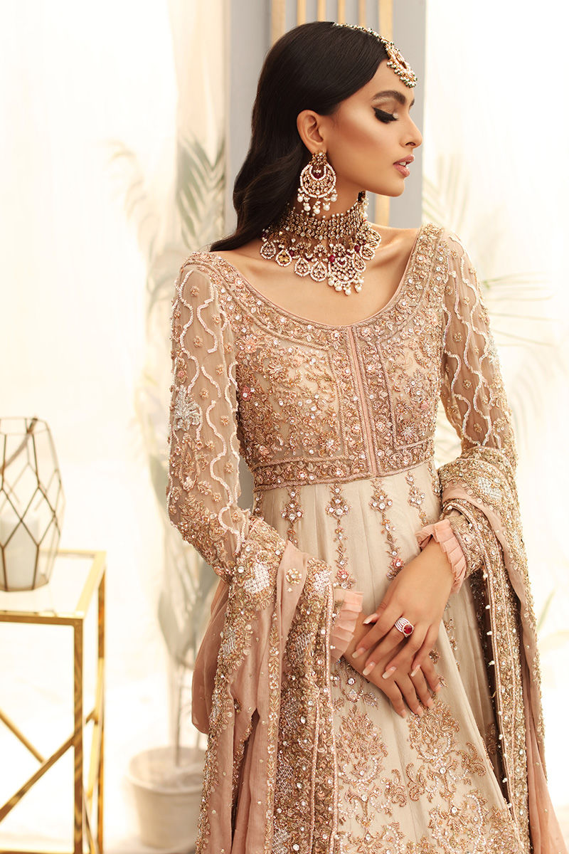Enora-Designer Raw Silk Bridal Gown with Peach Stonework Dupatta