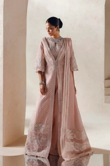 Epoque Modern Muse 26 blush pink hand embellished organza stitched formal suit with raw silk trousers and silk dupatta
