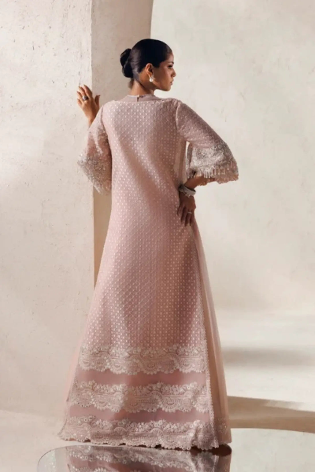 Epoque Modern Muse 26 blush pink hand embellished organza stitched formal suit with raw silk trousers and silk dupatta