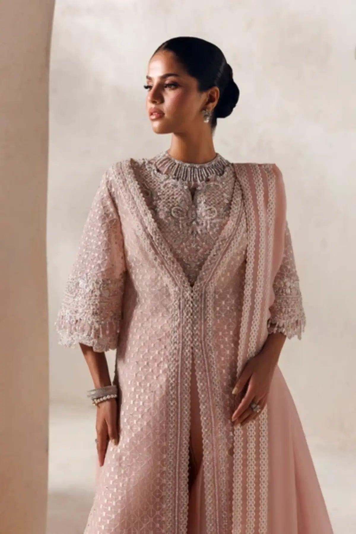 Epoque Modern Muse 26 blush pink hand embellished organza stitched formal suit with raw silk trousers and silk dupatta