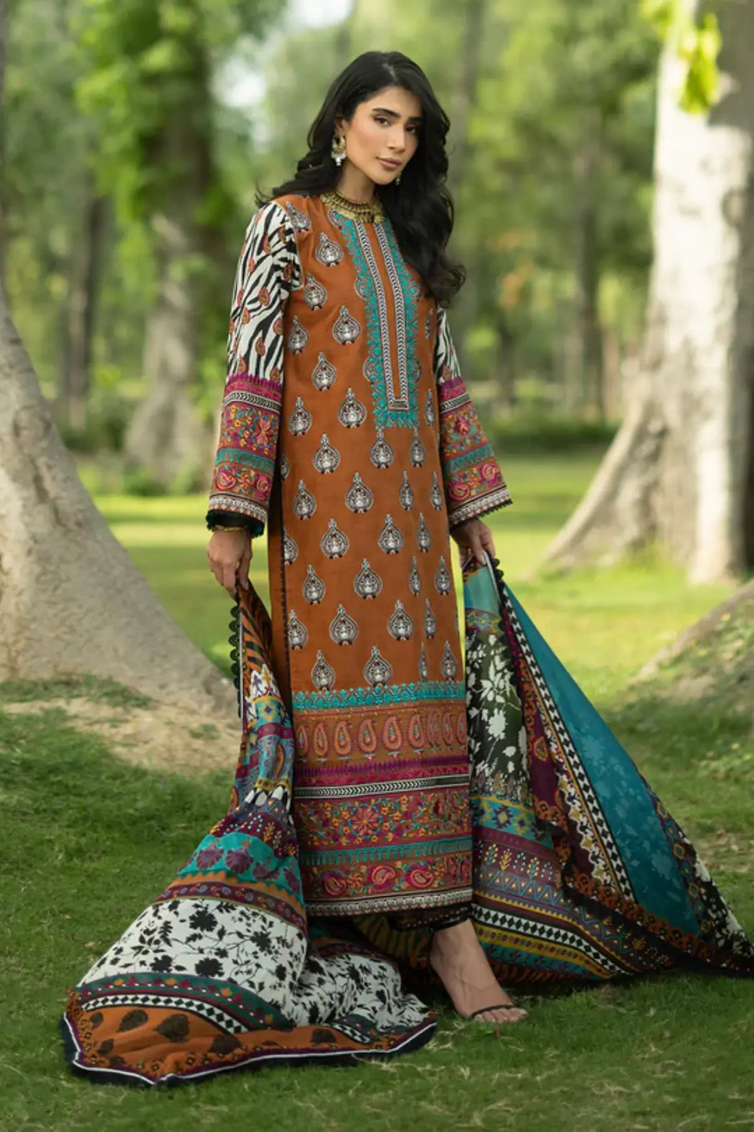 Erin 11 brown ethnic print stitched lawn 3PC suit with silk dupatta by Zainab Chottani Pakistanimoda