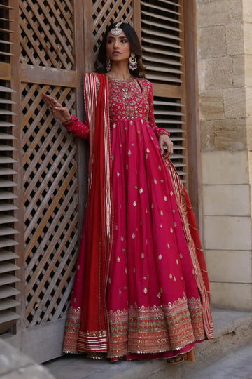 Ersa Fuchsia Pink Zardozi Silk Net Wedding Pishwas with Cotton Silk Lehenga
