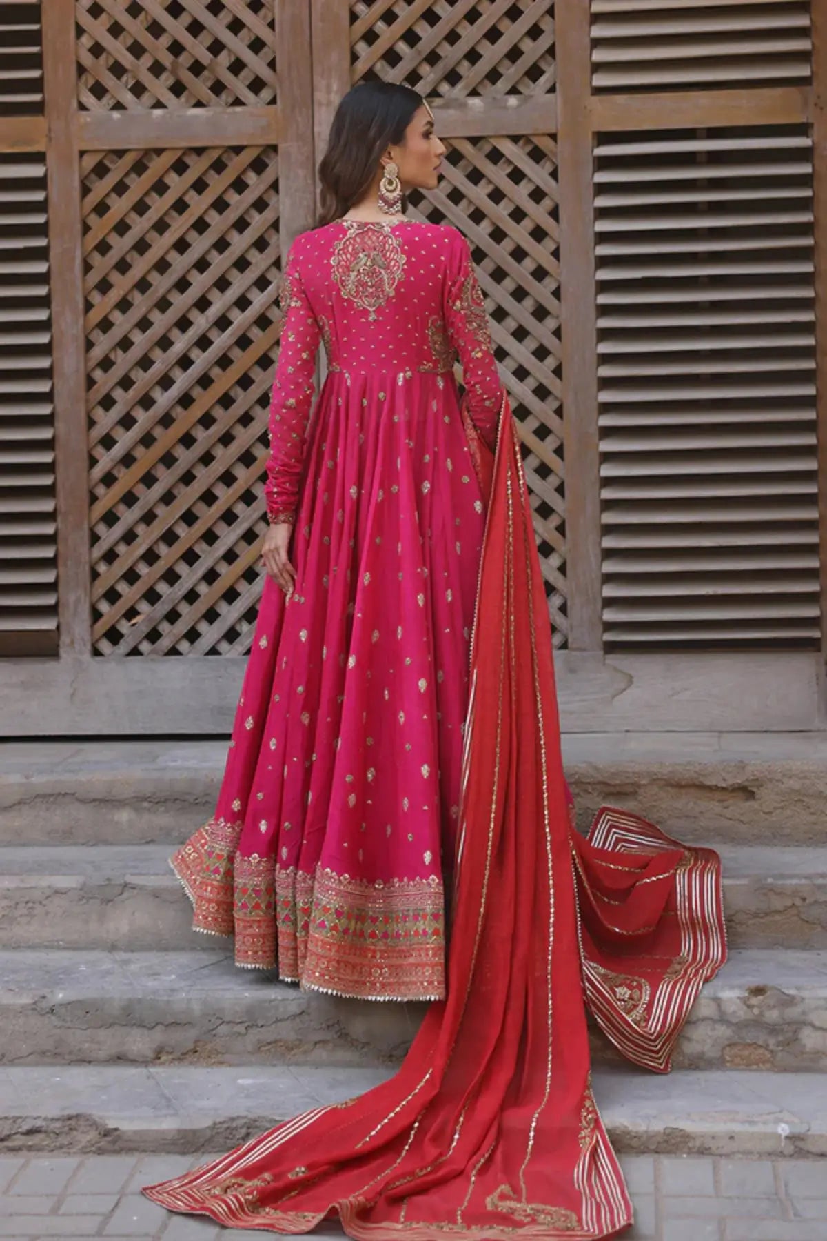 Ersa Fuchsia Pink Zardozi Silk Net Wedding Pishwas with Cotton Silk Lehenga